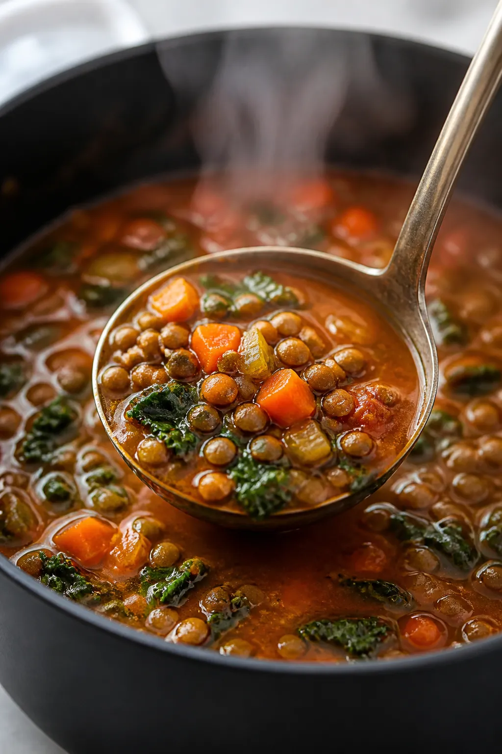 Close-up detail: A ladle lifting cooked brown-green lentil soup from a Dutch oven during the simmer