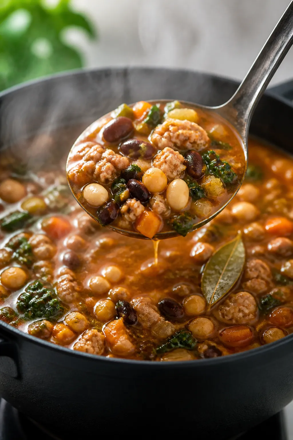 Close-up detail: A ladle lifting thick, simmering high-protein bean soup from a Dutch oven, showcasi