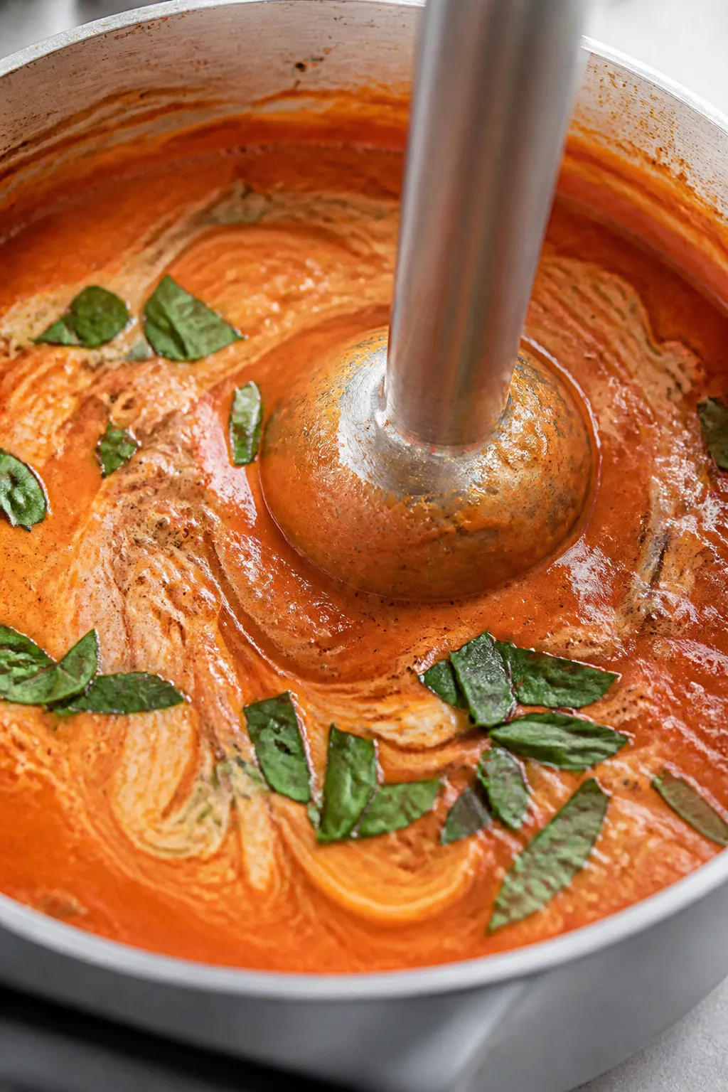 Close-up detail: Immersion blender finishing the puree in-pot, ultra-creamy, velvety texture capture