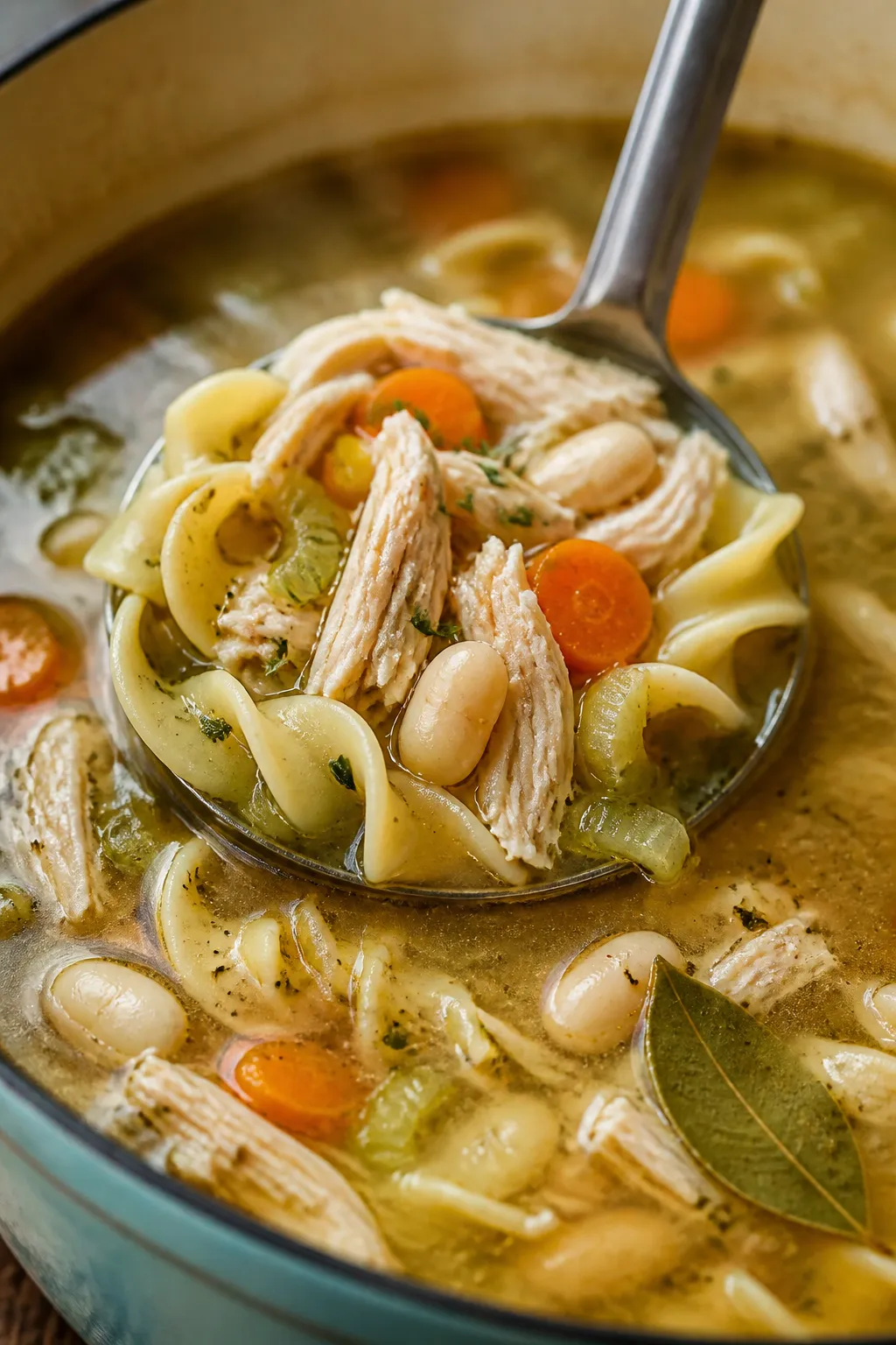 Close-up detail: Ladle lifting shredded chicken and al dente egg noodles from a simmering golden chi