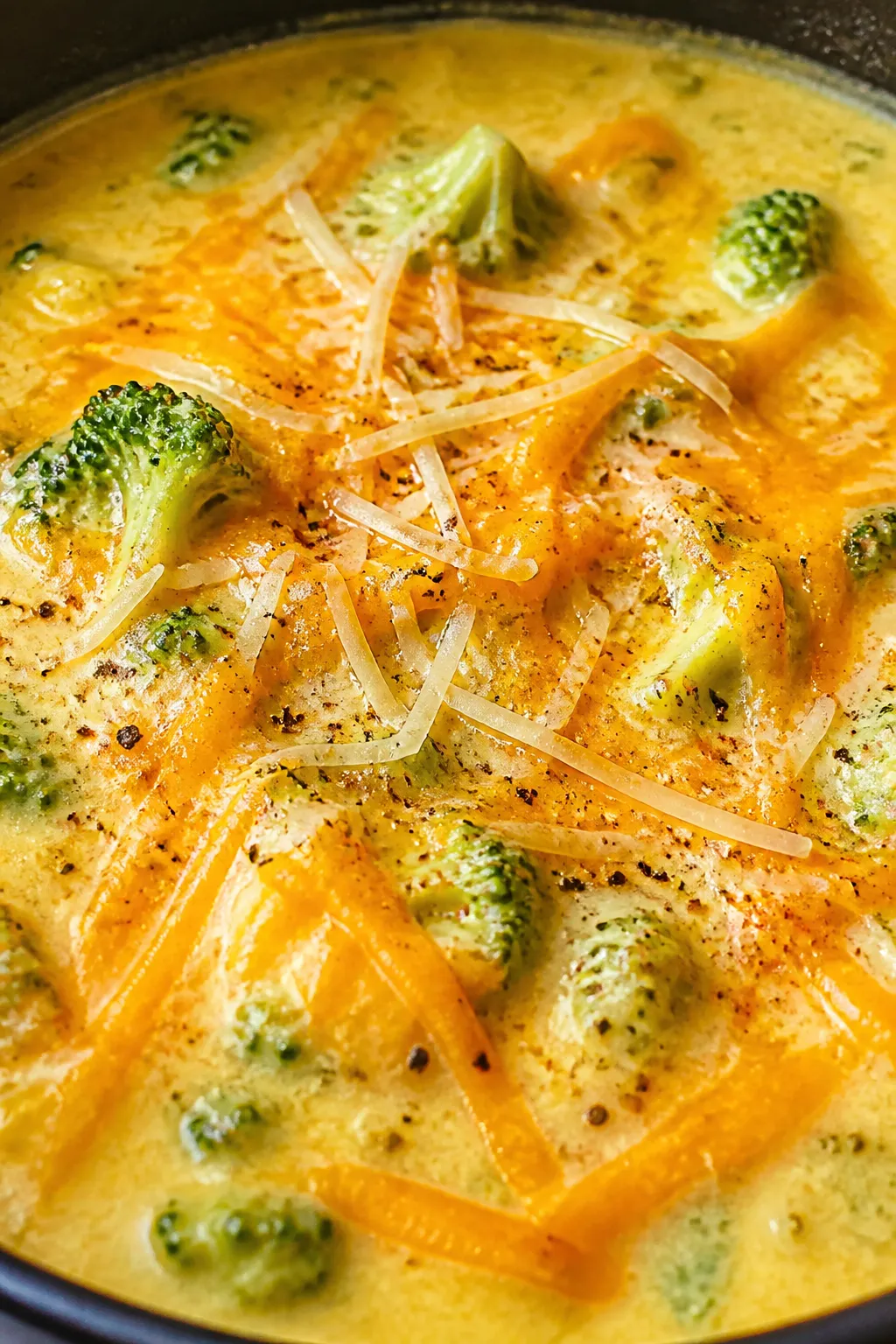 Close-up detail — melty cheddar finish: Extreme close-up of the finished soup as shredded sharp ch