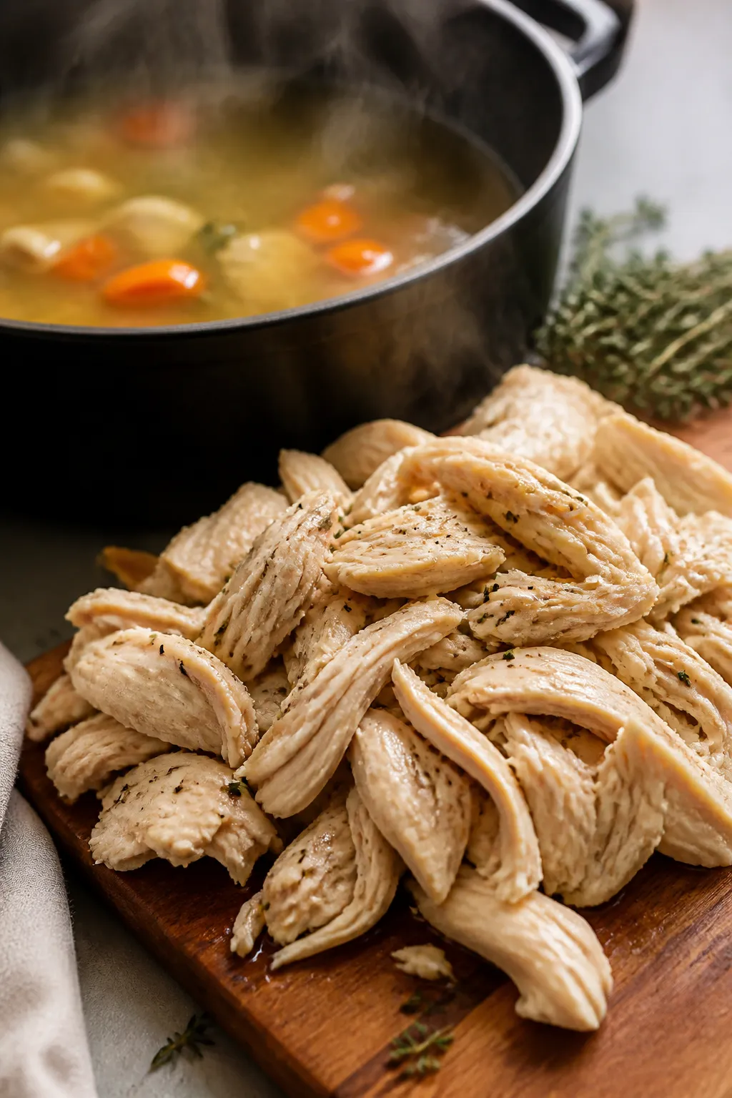 Close-up detail shot: Tender poached chicken just shredded into juicy bite-size pieces on a small bo