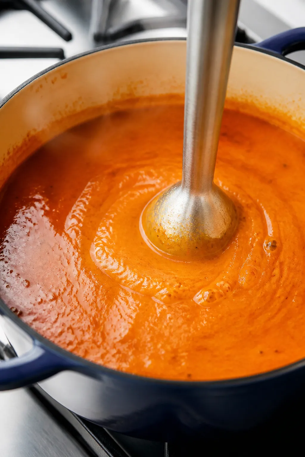 Close-up detail: Silky high-protein tomato soup mid-blend in a Dutch oven, captured as an immersion