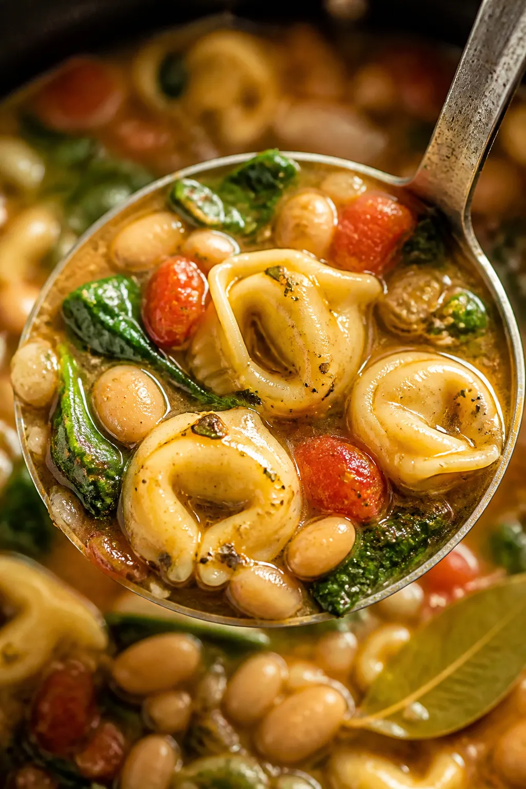 Close-up final detail: Ultra-close detail of a ladle lifting the soup from the pot—tortellini show