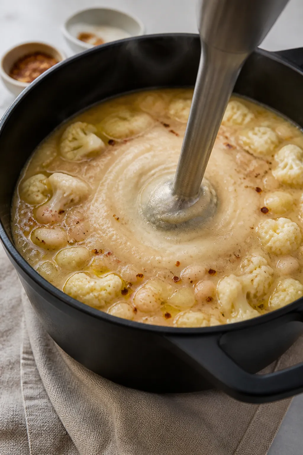 Cooking process: A steaming pot of cauliflower and white bean soup just after simmering, immersion b