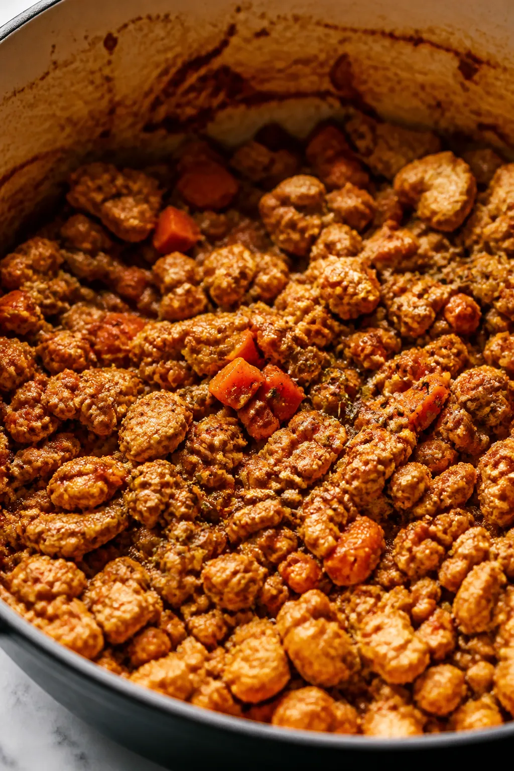 Cooking process — Browning lean ground turkey with toasted spices: close-up of crumbled, lightly b