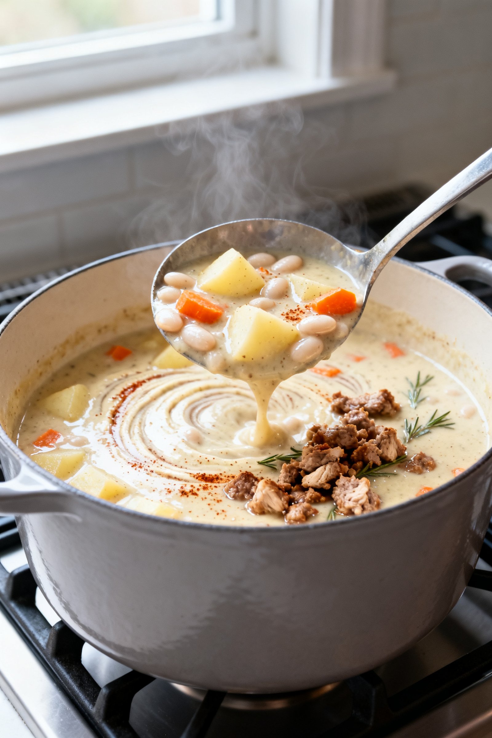 Cooking process close-up: A ladle lifting creamy high-protein potato soup from a Dutch oven mid-simm