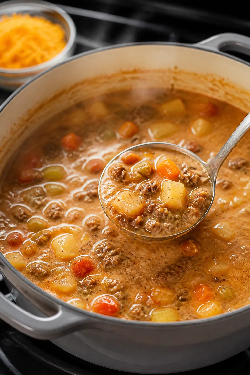 Cooking process, close-up: A steaming Dutch oven of cheeseburger soup mid-simmer, showing browned le