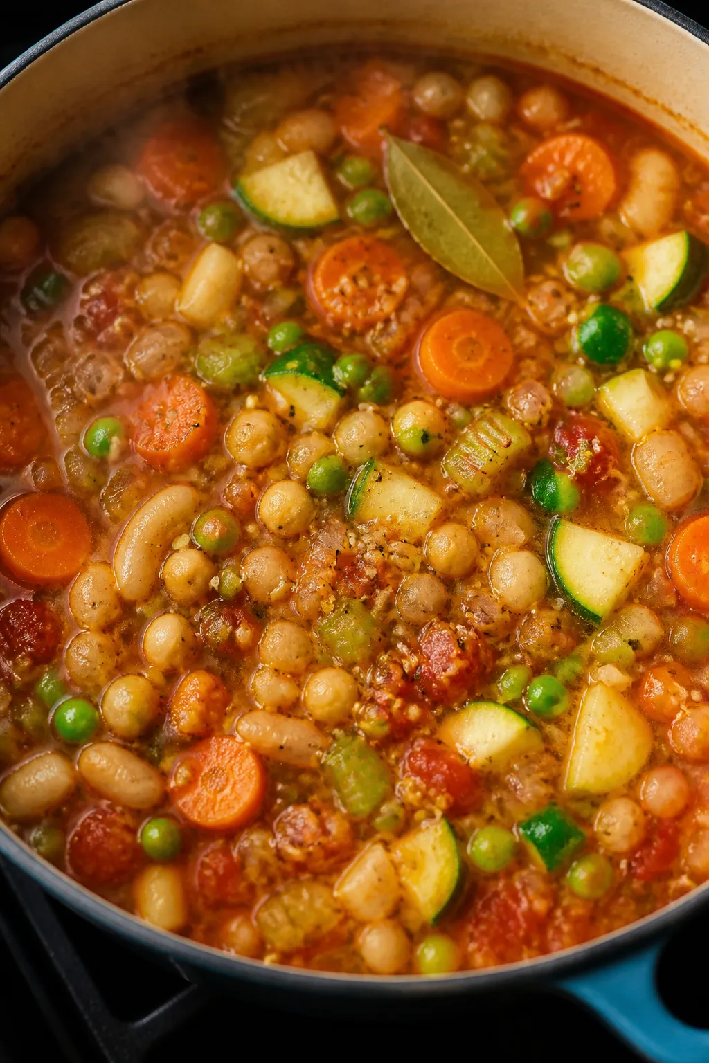 Cooking process, close-up: A steamy, overhead-close shot of the soup mid-simmer in a large Dutch ove