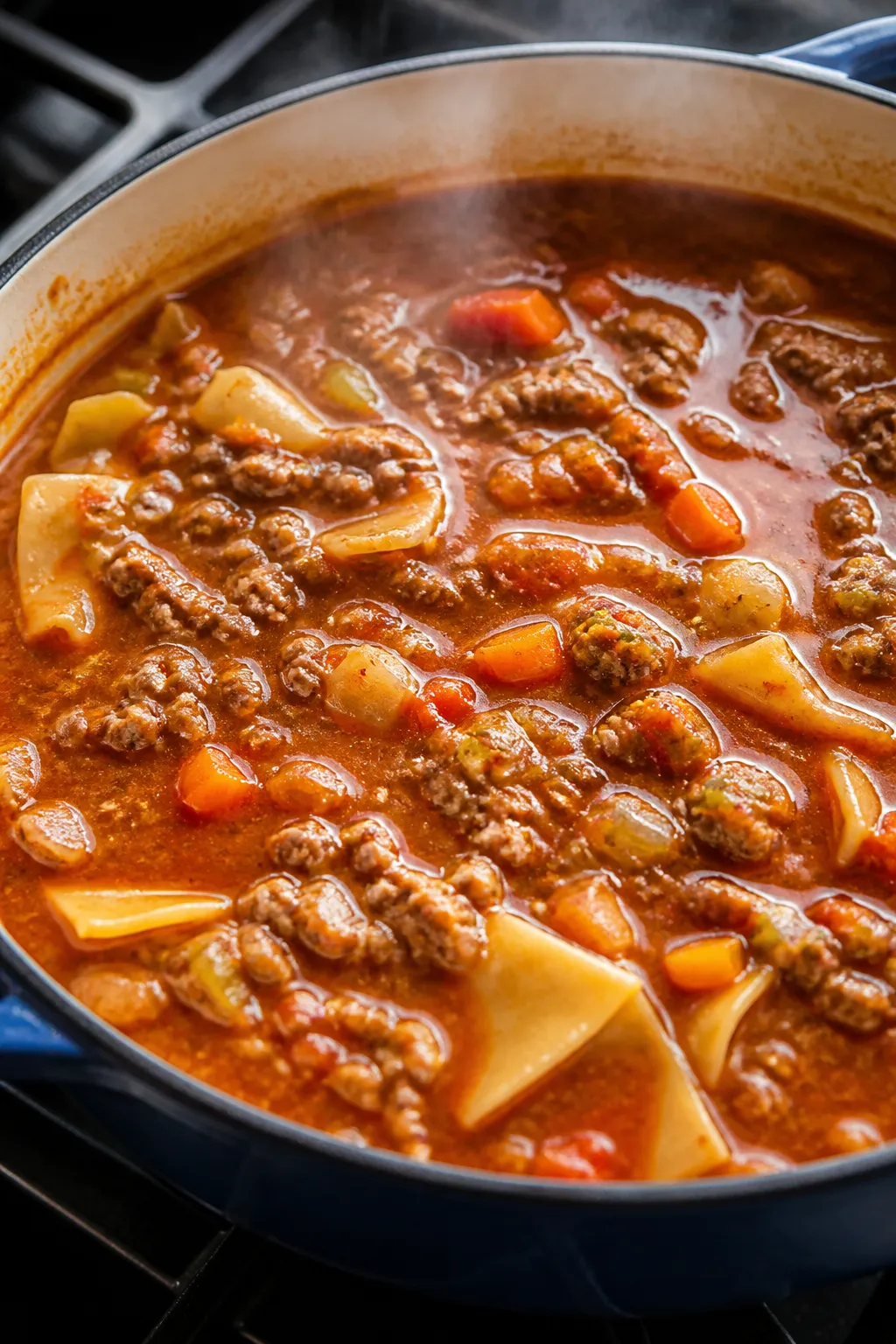 Cooking process, close-up detail: A deep, enamel pot of simmering high protein lasagna soup with bro