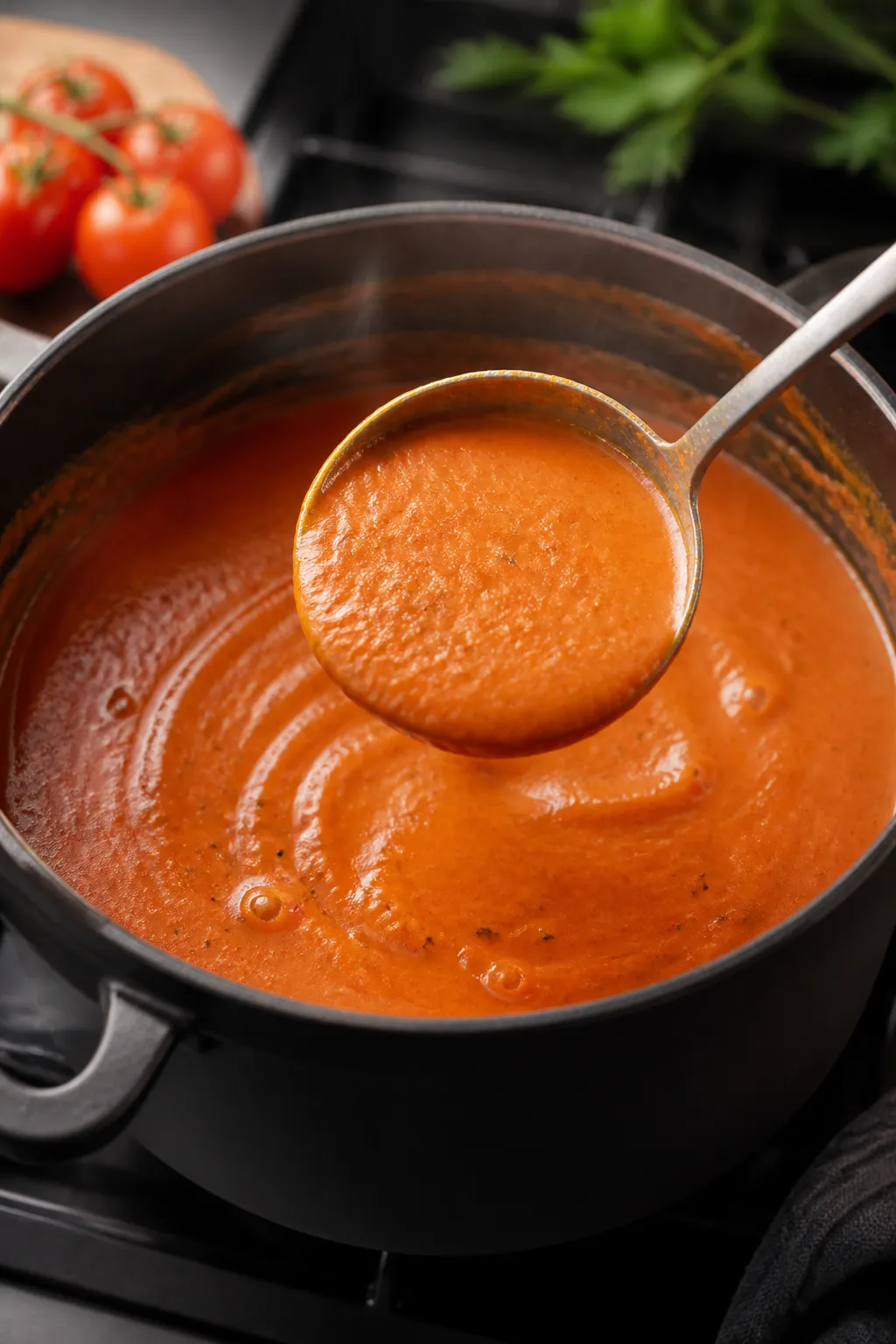 Cooking process, close-up detail: A deep saucepan with simmering creamy tomato soup just after blend
