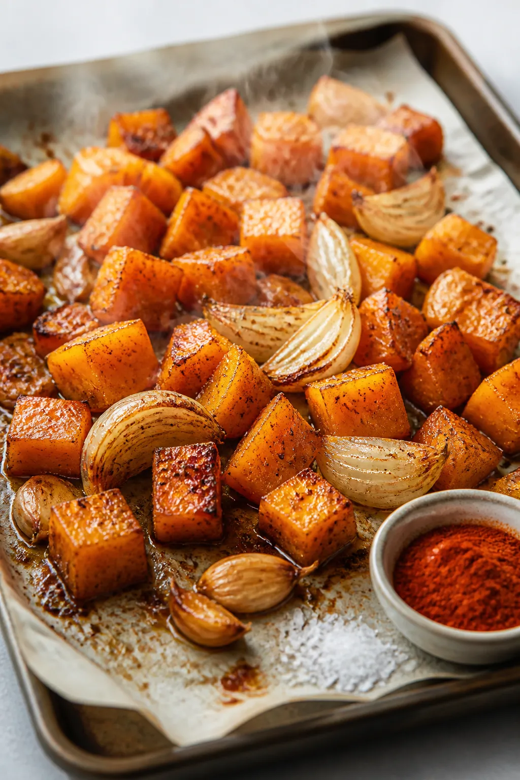 Cooking process, close-up detail: Close-up of caramelized roasted butternut squash cubes, onion, and