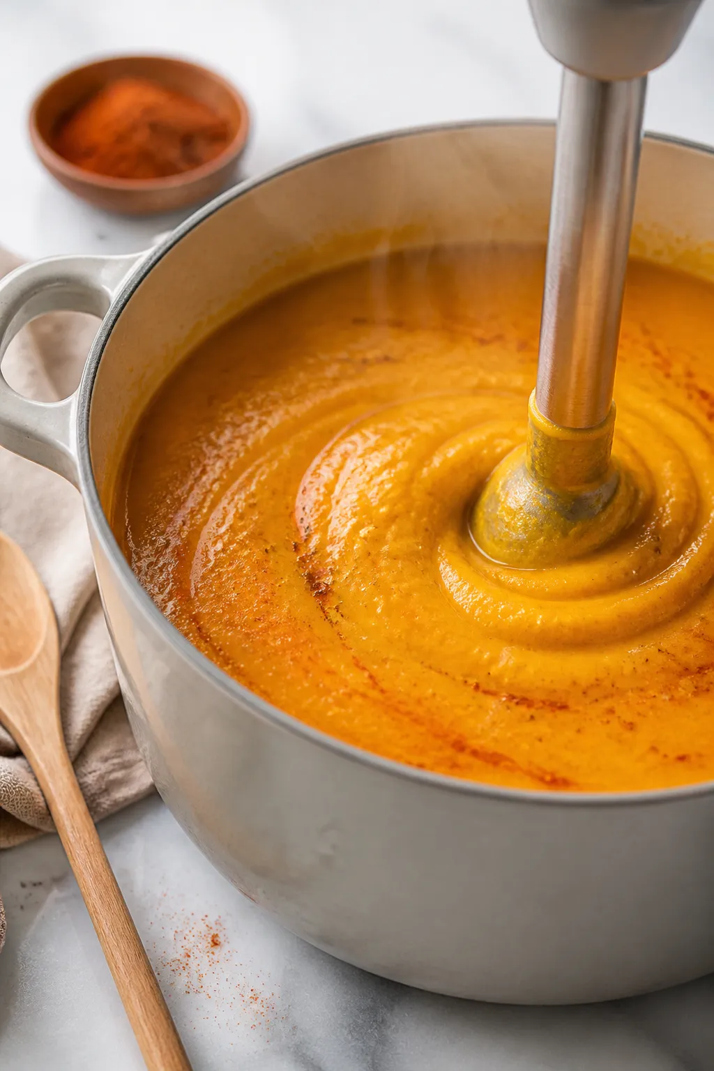 Cooking process, close-up detail: Velvety pumpkin soup mid-blend in a Dutch oven after simmering wit