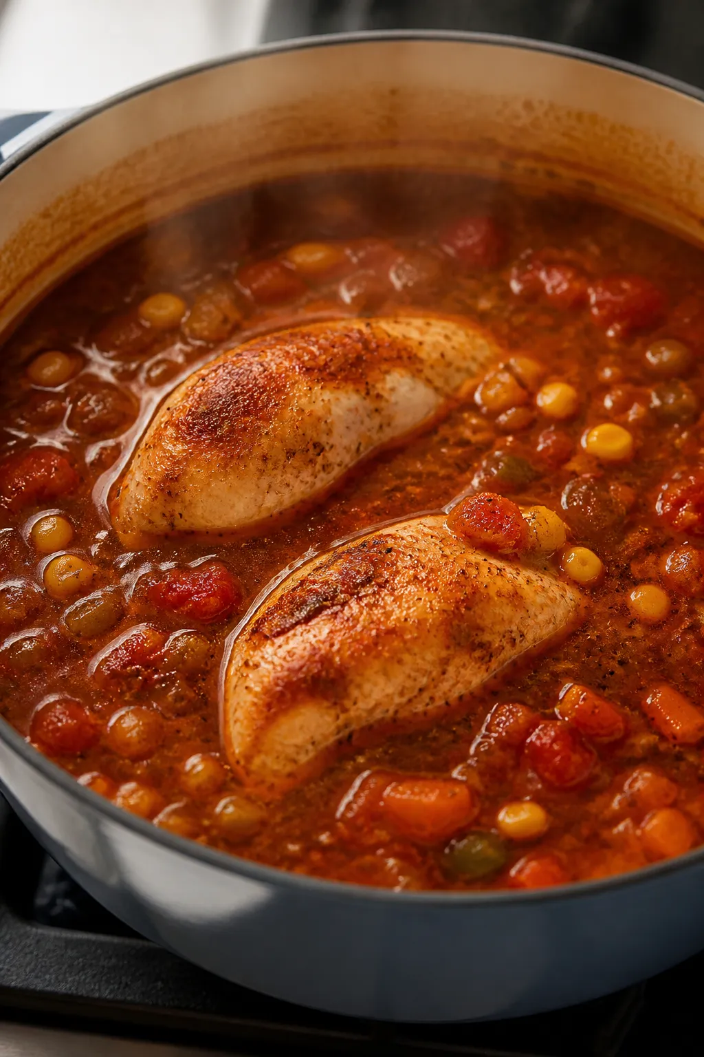 Cooking process close-up: Dutch oven of simmering chicken tortilla soup right after spices have been