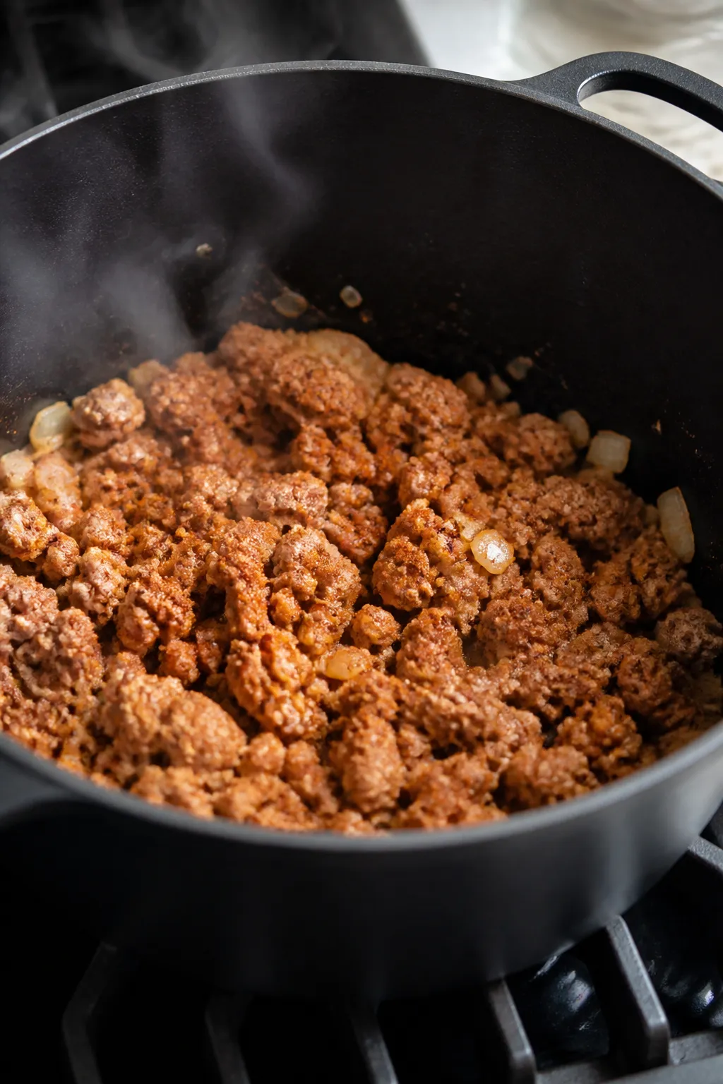 Cooking process close-up: Ground turkey browning with diced onions and minced garlic in a matte blac