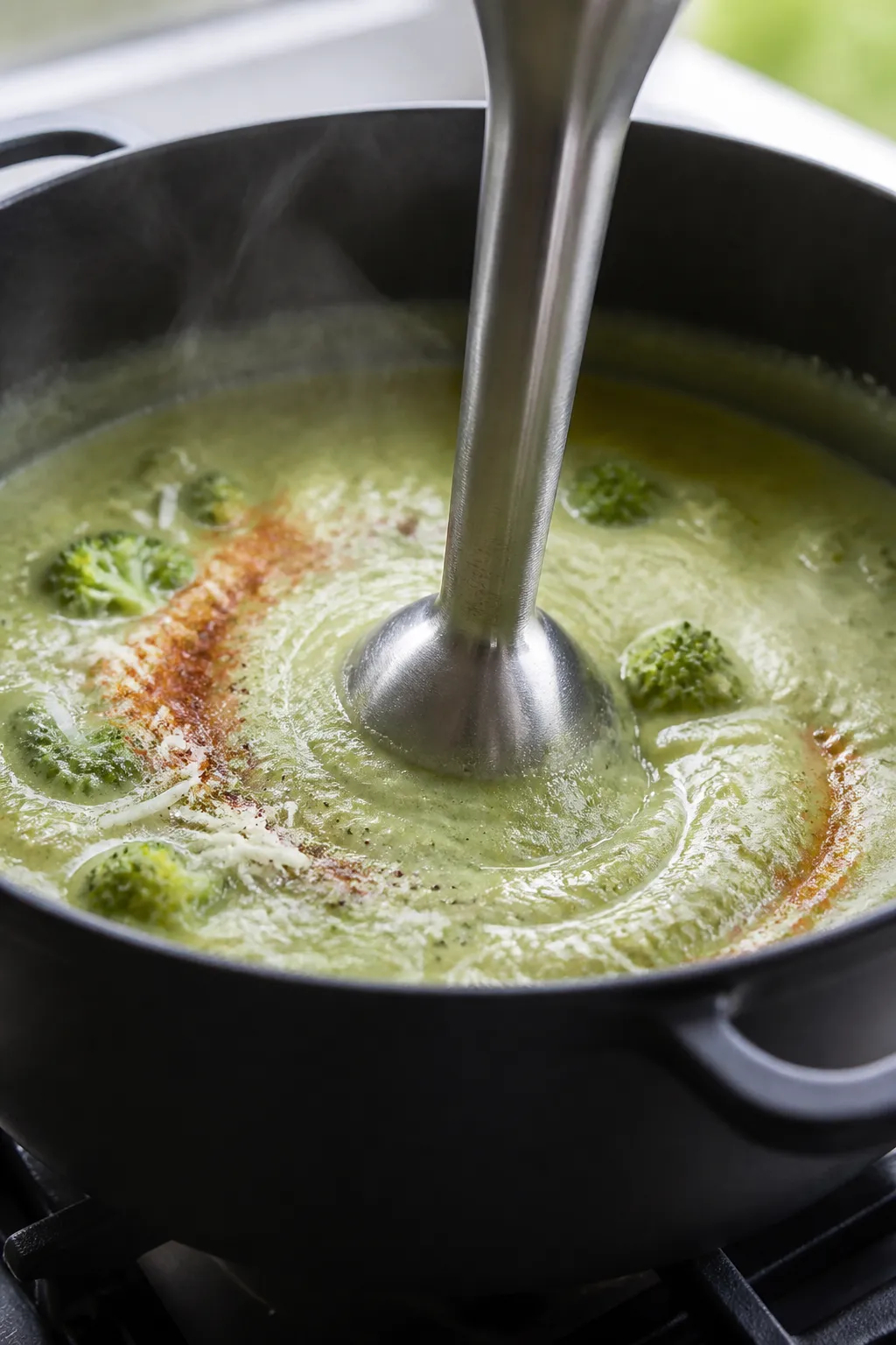 Cooking process close-up: Immersion blender swirling through simmered broccoli soup in a matte black