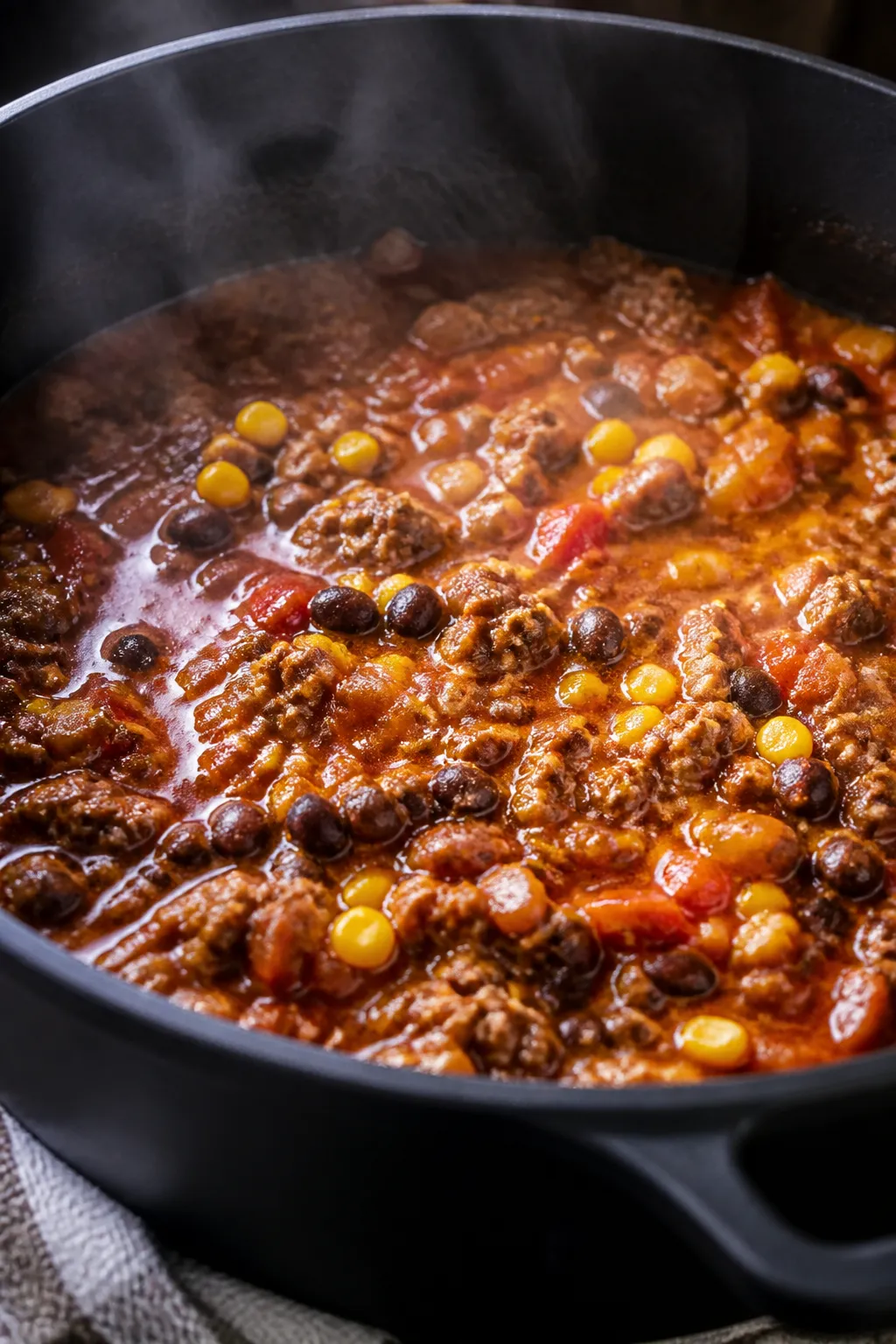 Cooking process close-up: Lean ground turkey taco soup base sizzling in a matte black Dutch oven, me