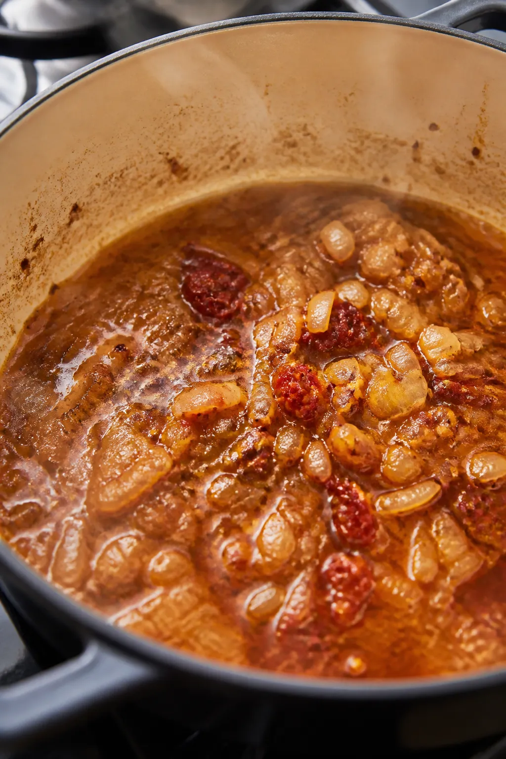 Cooking process close-up: Sautéed aromatics and base building for “Marry Me” chicken soup — g