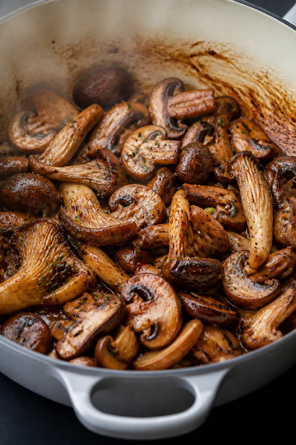 Cooking process close-up: Sautéed mixed mushrooms (cremini, shiitake, oyster) browning in a wide, h