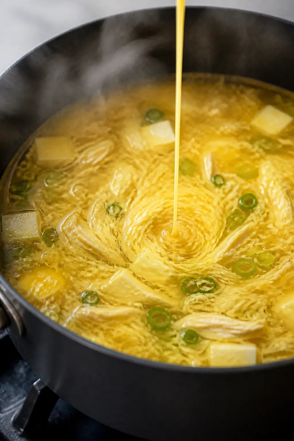 Cooking process, close-up: Silky egg ribbons forming in a gently simmering golden chicken-bone broth