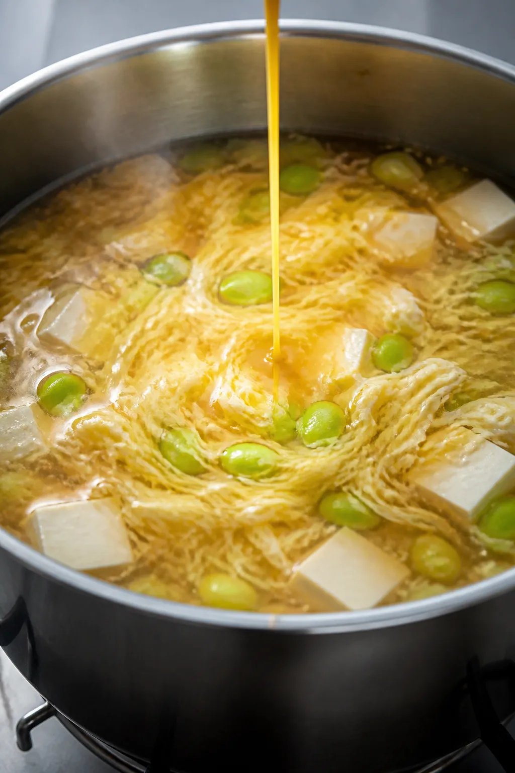 Cooking process close-up: Silky egg ribbons forming in a gently simmering pot of glossy, lightly thi