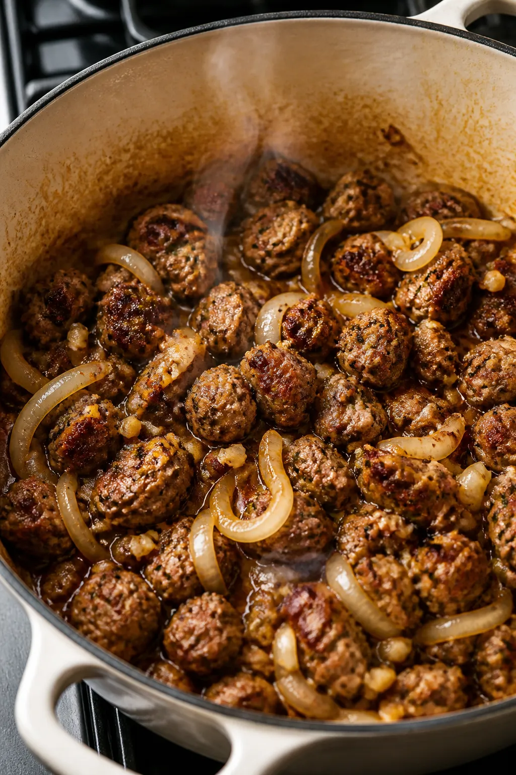 Cooking process close-up: Sizzling browned Italian turkey sausage with crisp, caramelized edges in a