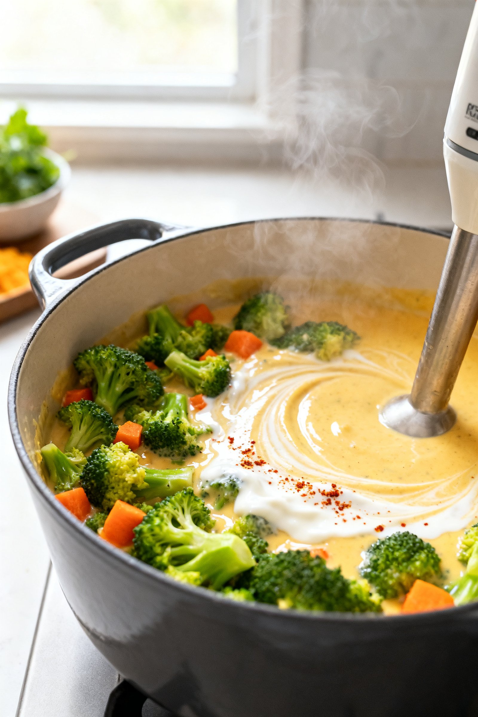 Cooking process — immersion blending: A steaming pot of broccoli cheddar soup mid-cook, half-chunk