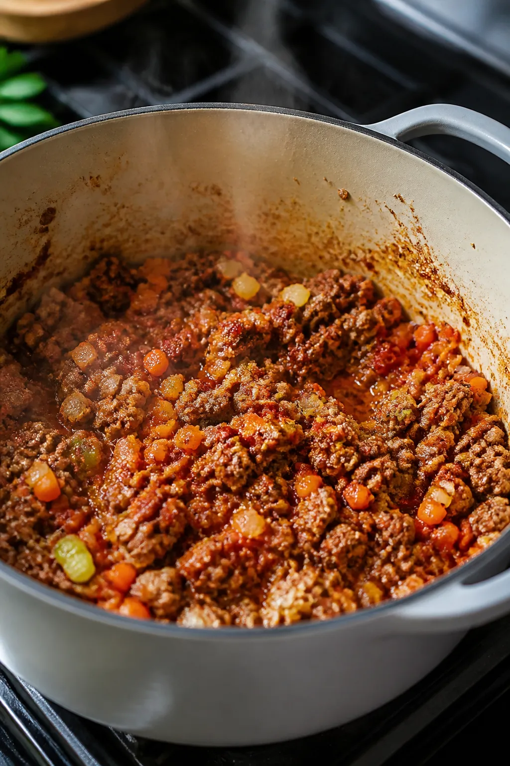 Cooking process shot: Sautéed base for high-protein tortellini soup in a wide Dutch oven—lean gro