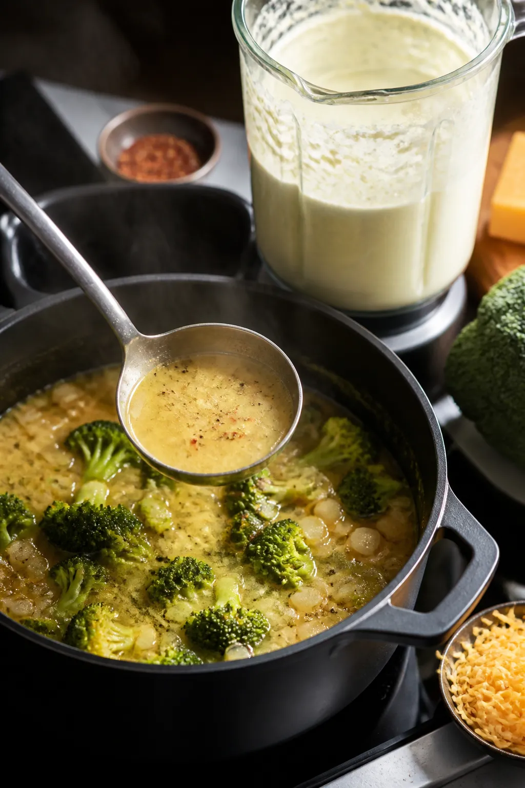 Cooking process — silky blend moment: A high-protein broccoli cheese soup base mid-prep, with stea