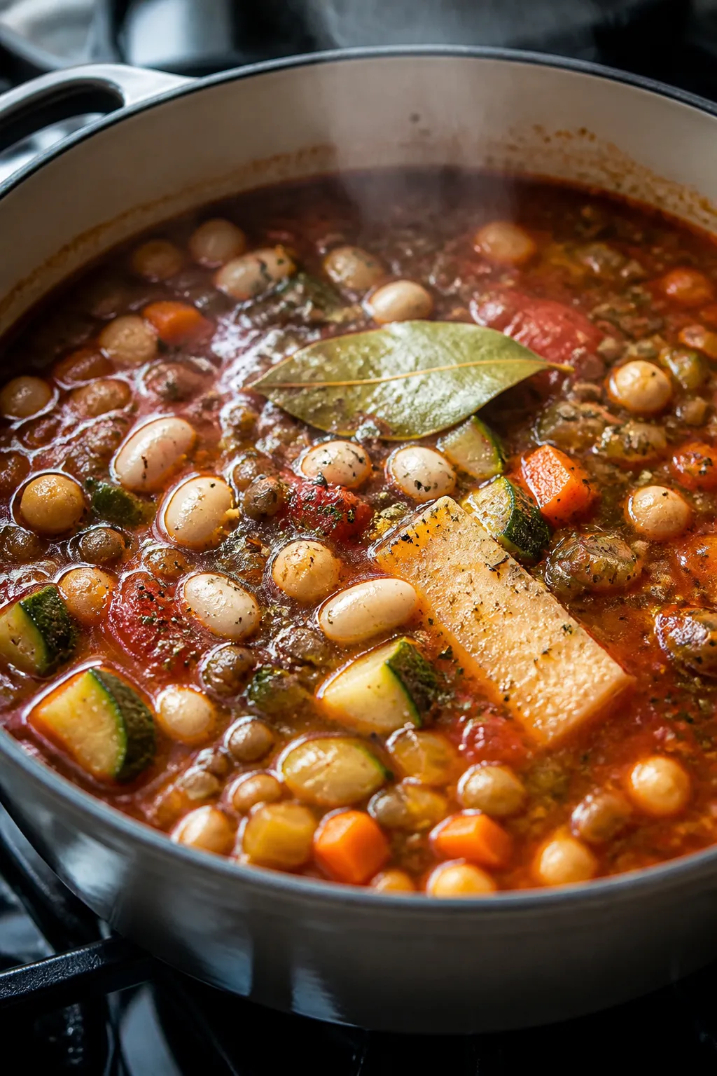 Cooking process — simmering stage: Close-up of a Dutch oven of high-protein minestrone at a gentle