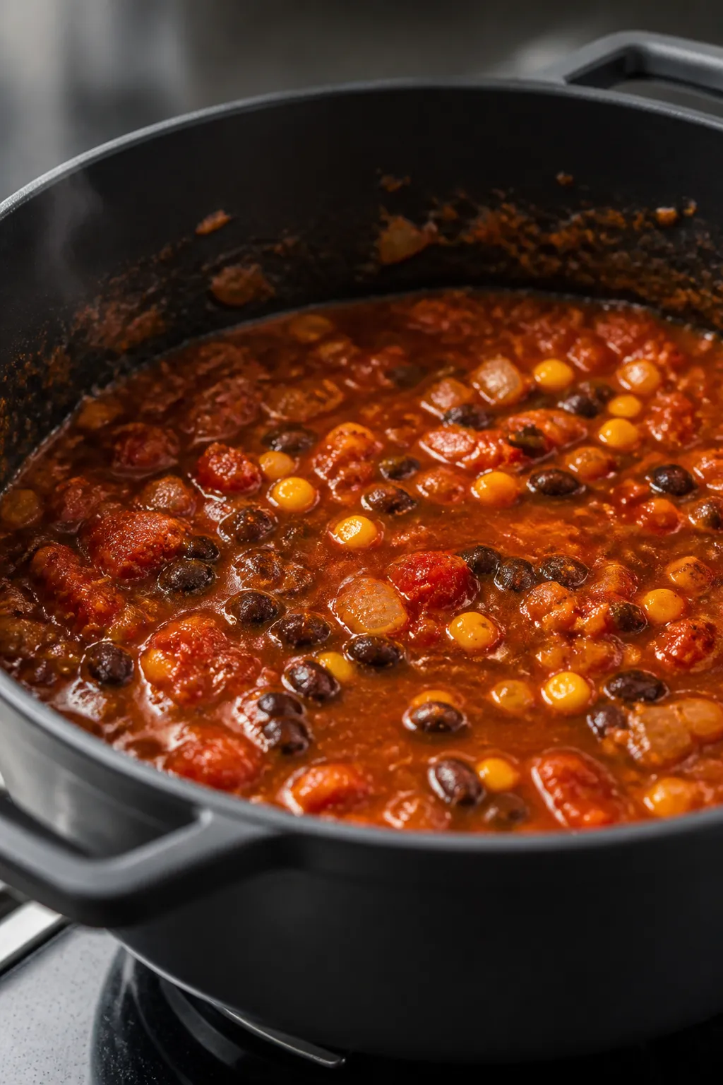 Cooking process — toasting spices in the base: Steam-kissed pot of simmering chicken enchilada sou