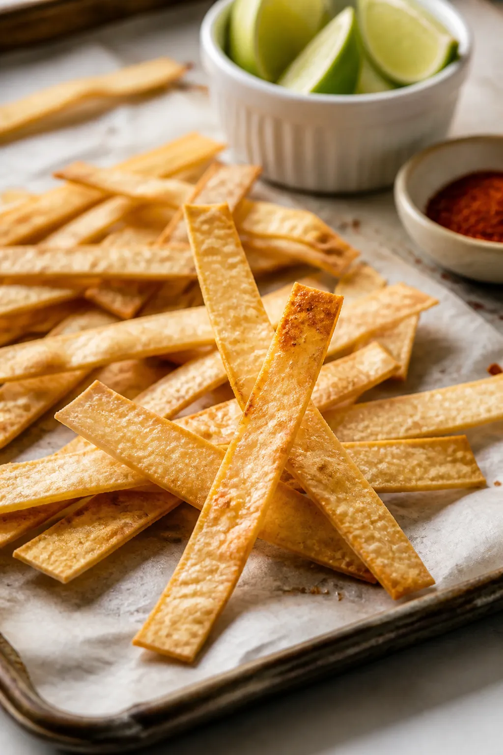 Cooking process — Toasting tortilla strips: Close-up of thin corn tortilla strips just out of the