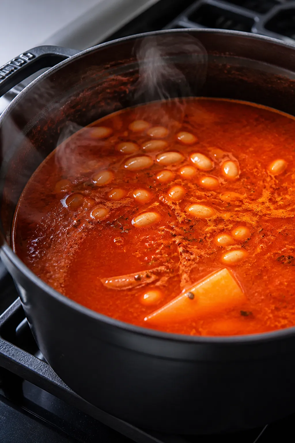 Cooking process: Tomato basil soup base simmering in a matte black Dutch oven, close-up of a silky,
