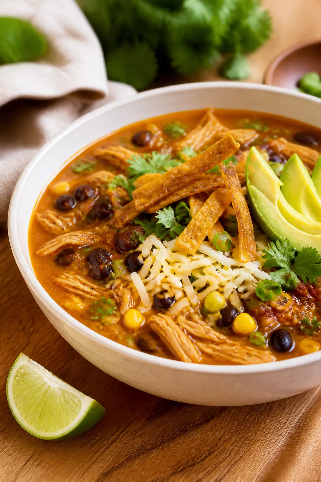 Final bowl — creamy, high-protein finish: Beautifully plated chicken enchilada soup, rich brick-re