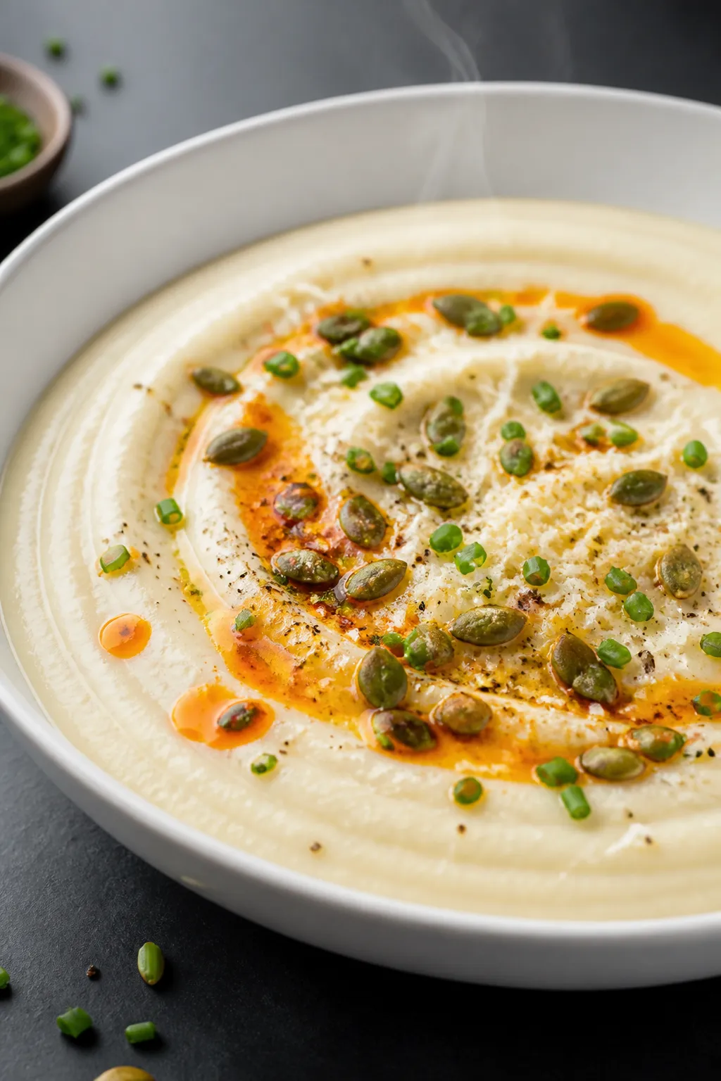 Final dish close-up: Ultra-creamy high protein cauliflower soup ladled into a wide, shallow white bo