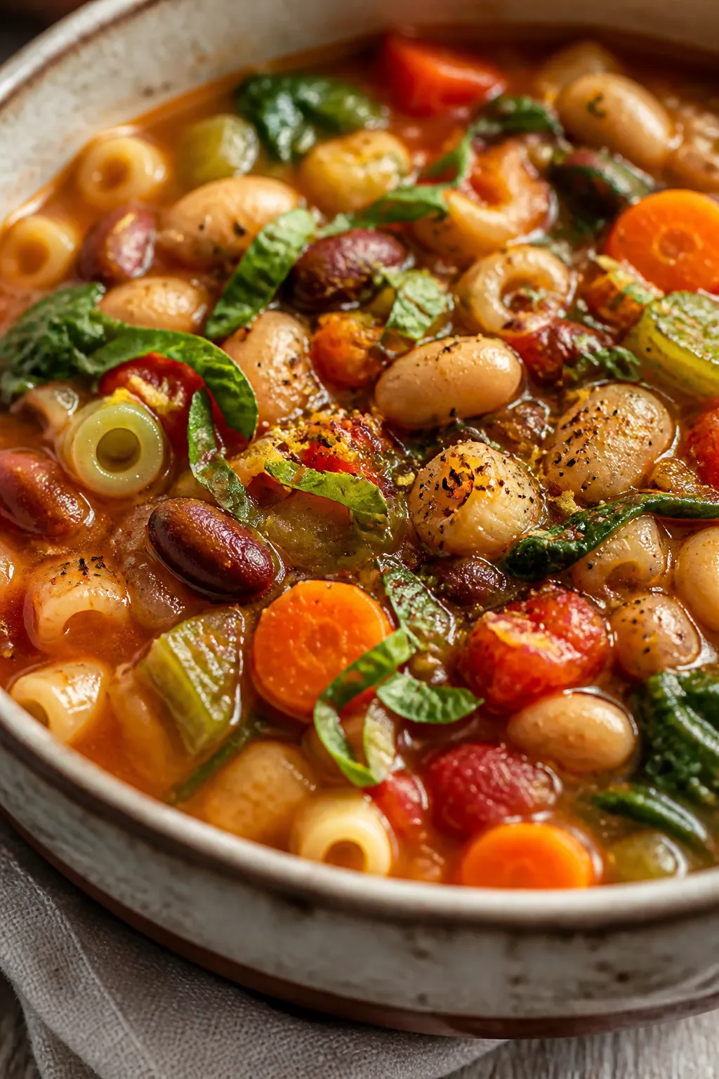 Final dish hero — close-up detail: Tight, front-angle close-up of ladled minestrone in a rustic ce