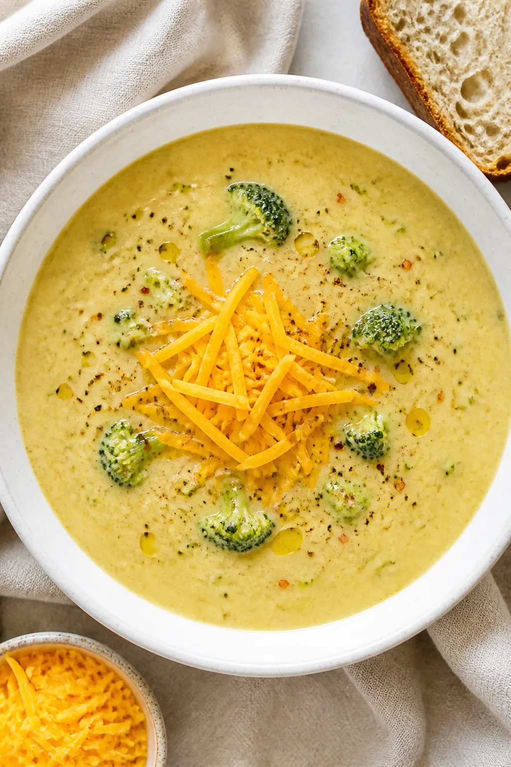 Final dish — overhead plated bowl: Tasty top-down shot of a ladled bowl of high-protein broccoli c