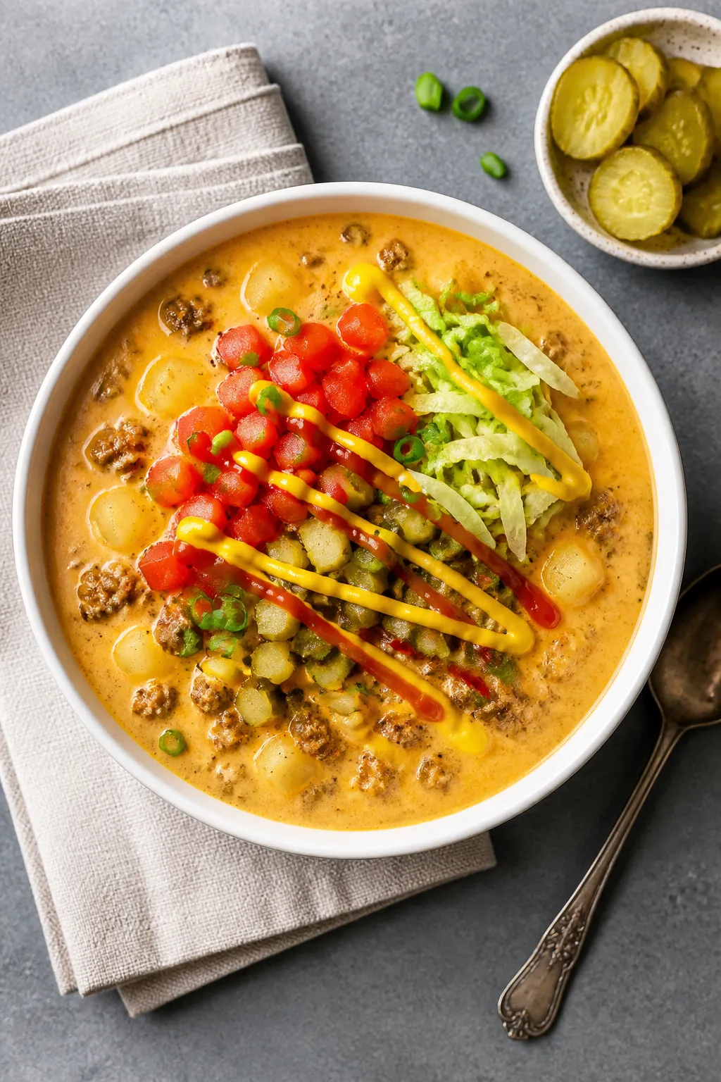 Final dish, overhead presentation: Top-down hero shot of a bowl of high protein cheeseburger soup, u