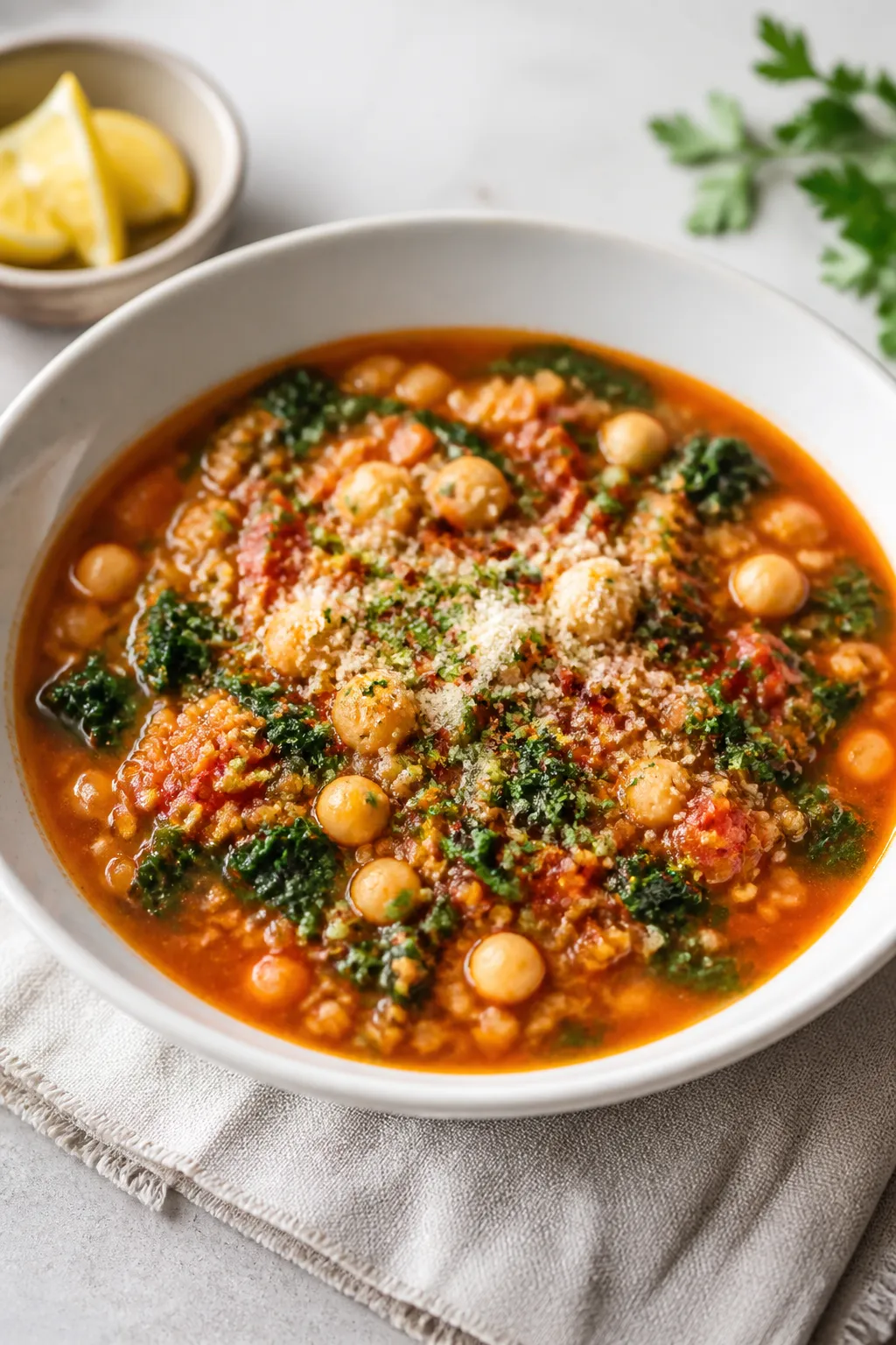 Final dish, plated bowl: A beautifully plated bowl of High Protein Vegetable Soup with kale just wil