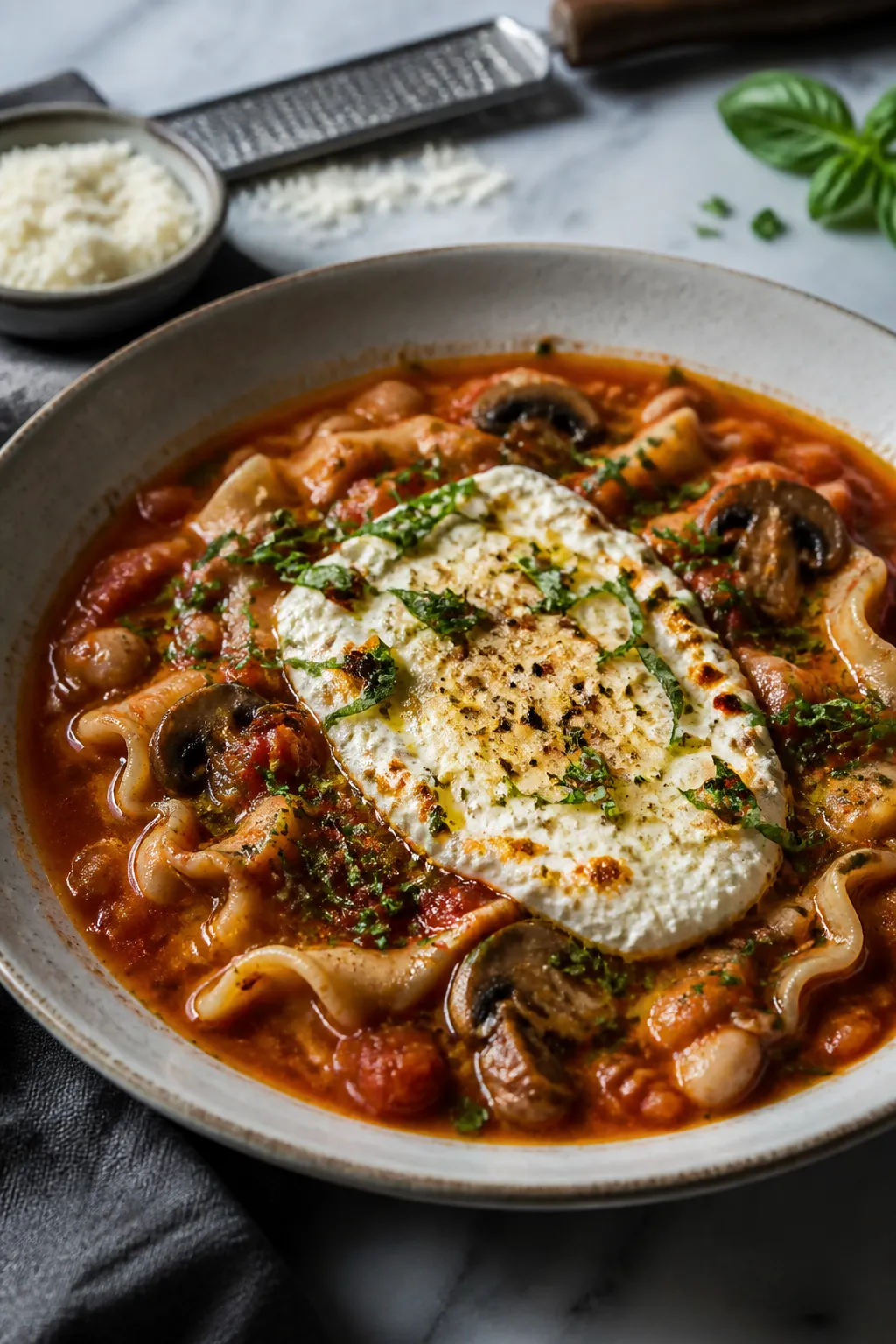 Final dish, plated elegance: Restaurant-quality presentation of lasagna soup in a shallow rimmed bow