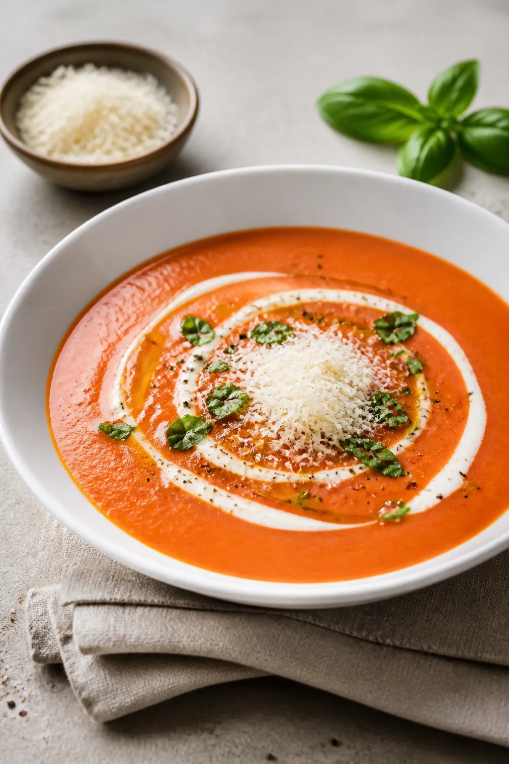 Final dish, plated restaurant style: A wide, low white bowl filled with high-protein creamy tomato s