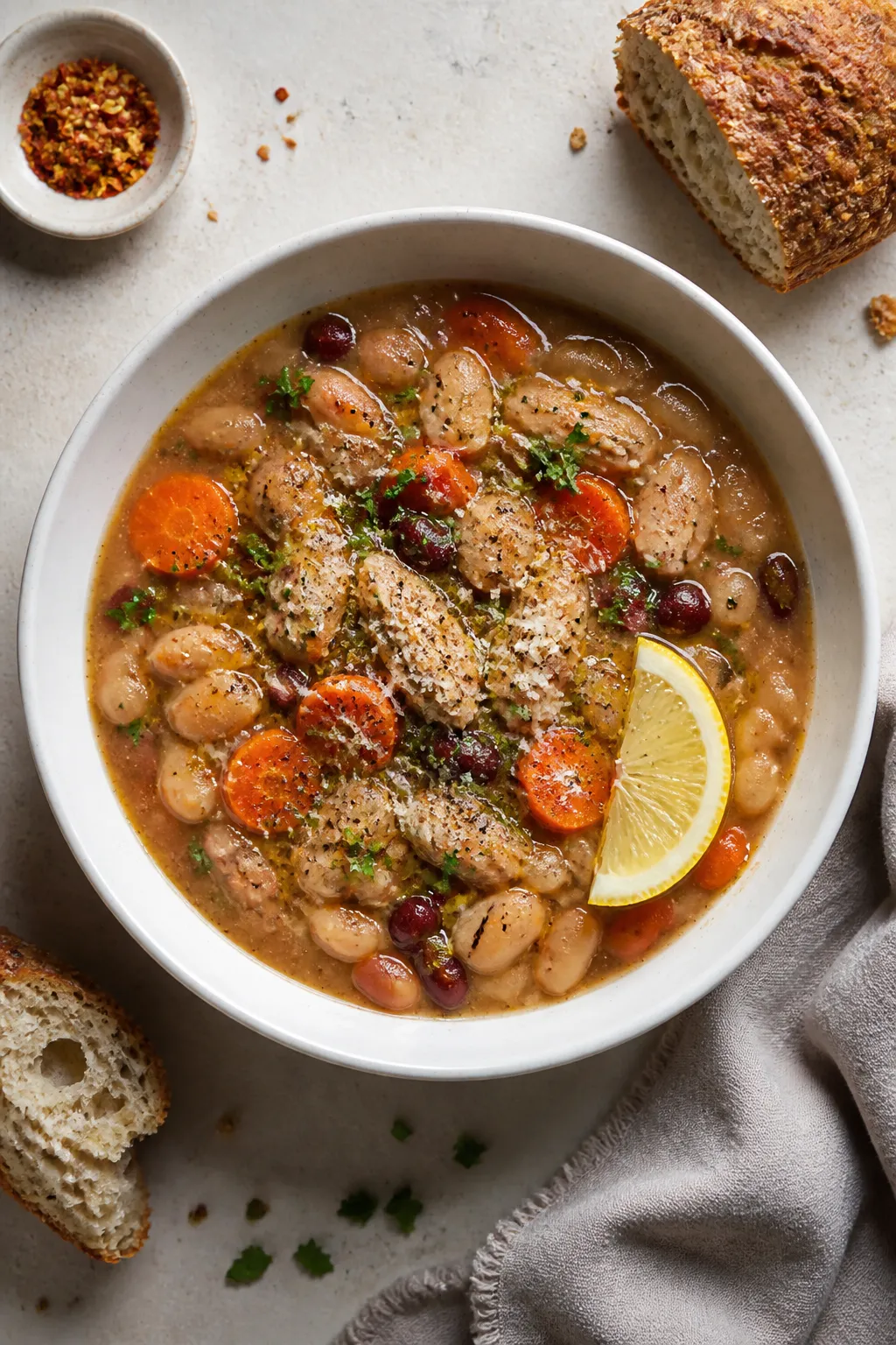 Final dish presentation: Restaurant-quality bowl of high protein bean soup plated in a wide, shallow