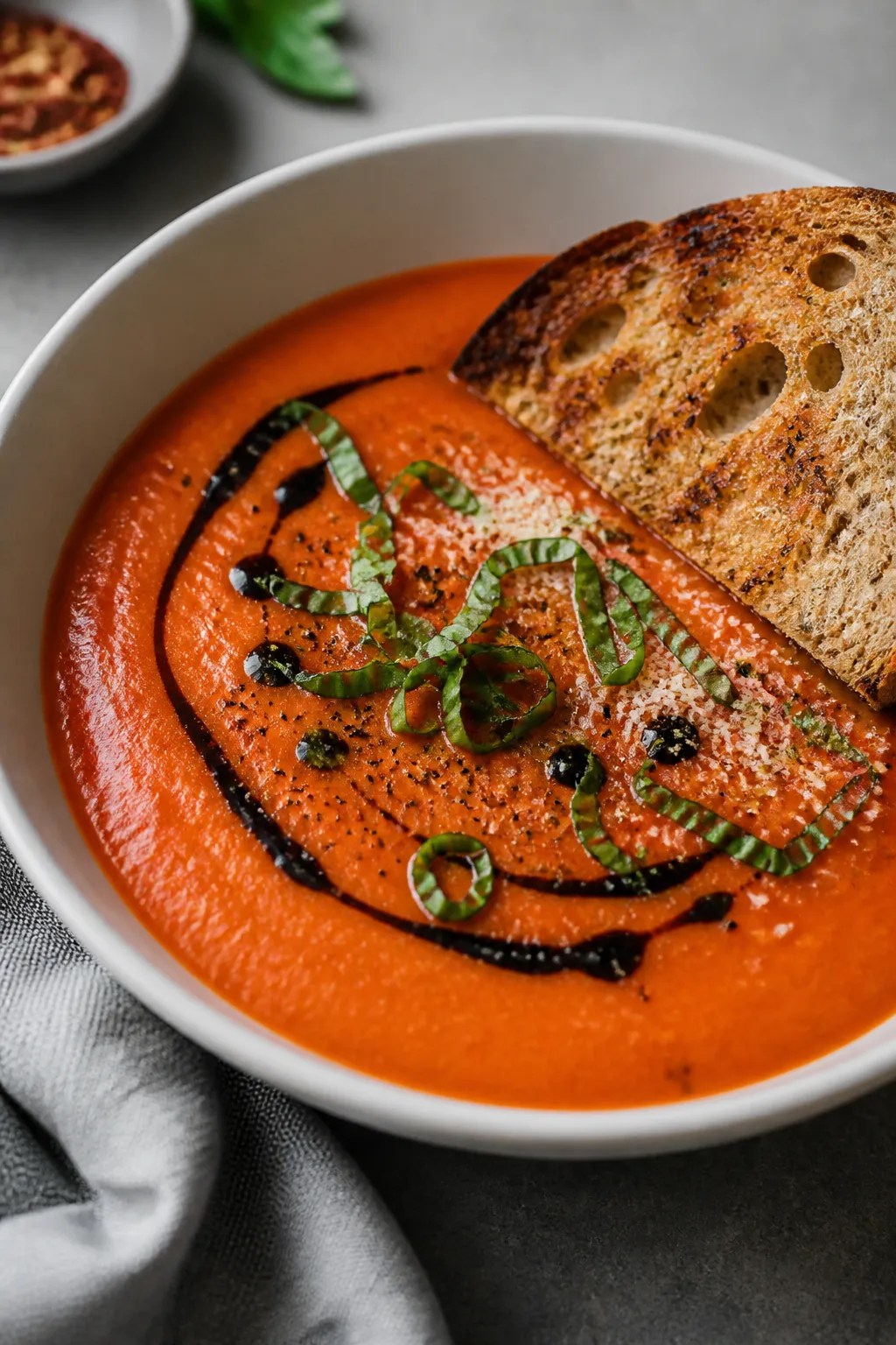 Final dish presentation: Restaurant-quality bowl of high-protein tomato soup plated on a matte white