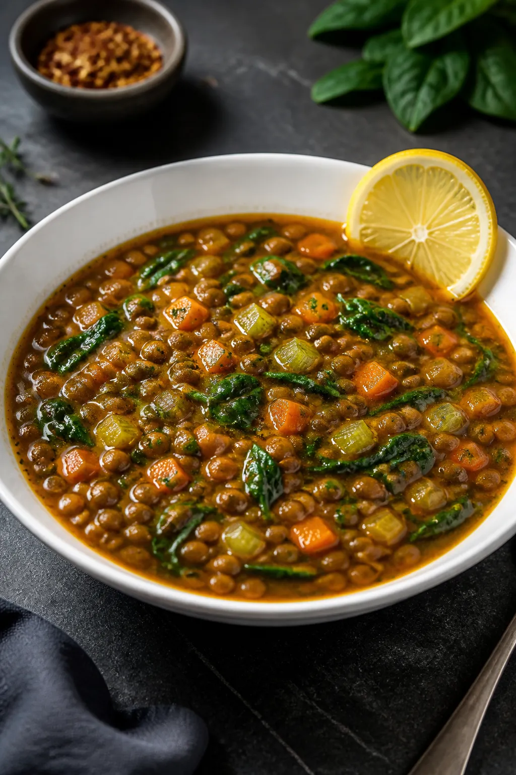 Final dish presentation: Restaurant-quality plating of the lentil soup in a wide, shallow white bowl