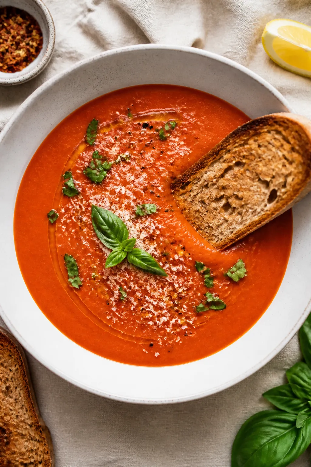 Final dish, tasty top view: Overhead shot of a bowl of High Protein Tomato Basil Soup plated in a wi