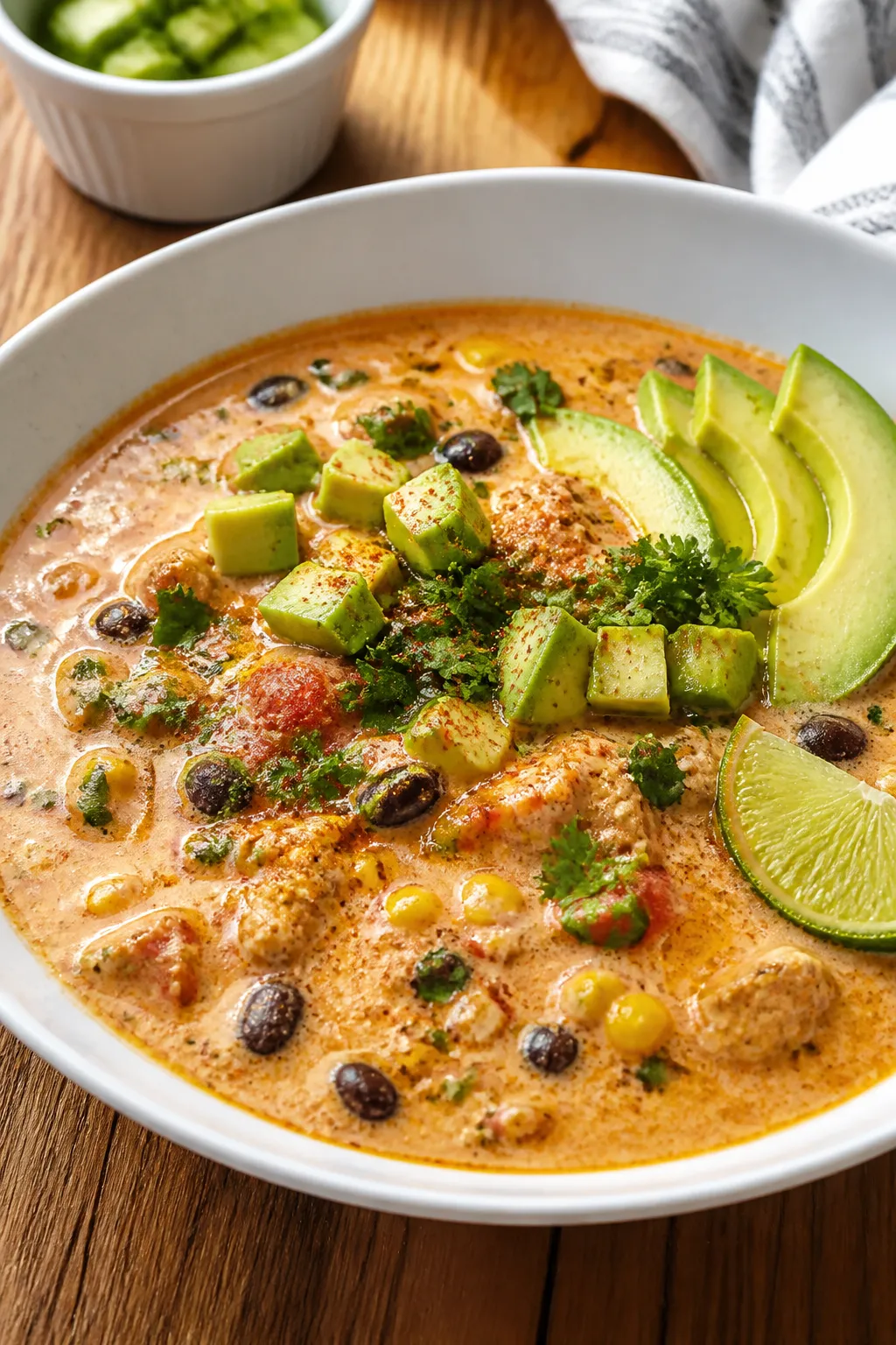 Final plated beauty: Restaurant-quality bowl of creamy taco soup in a wide, shallow white bowl, thic