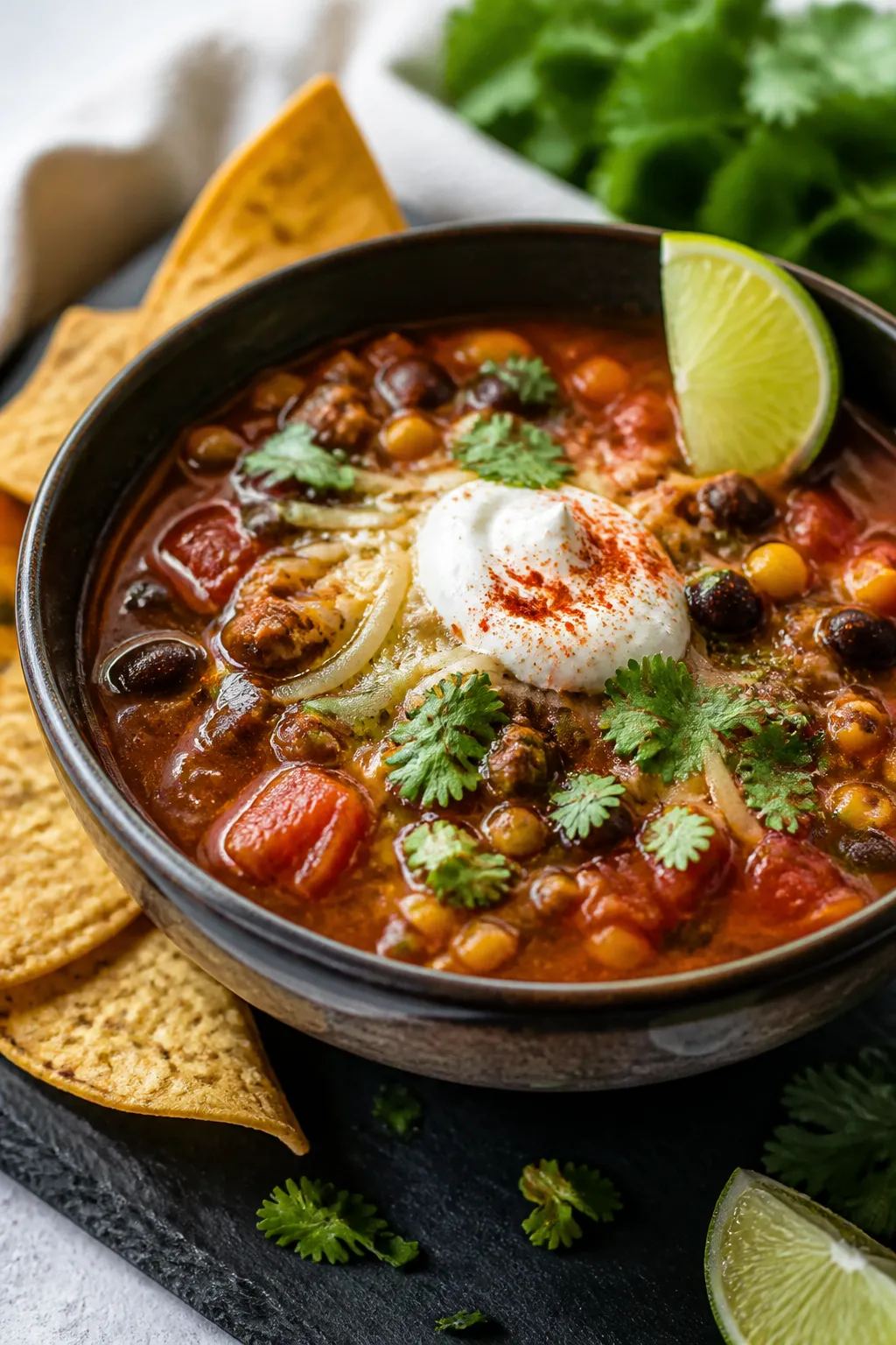 Final plated beauty shot: Three-quarter angle close-up of a ladled bowl of taco soup with visible fi