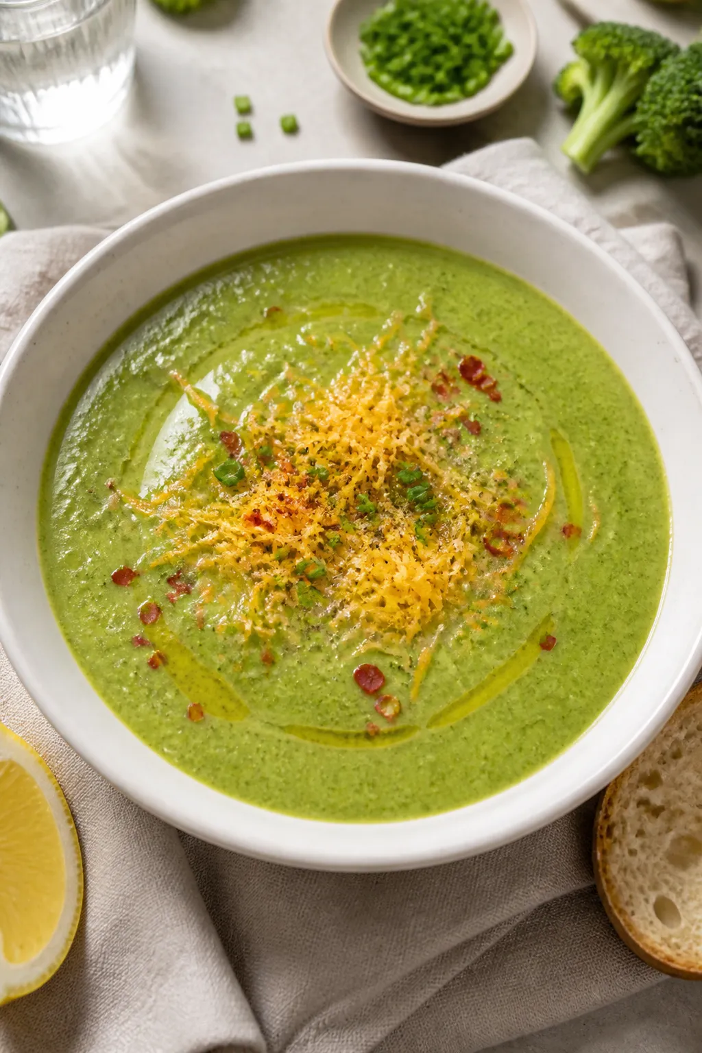 Final plated bowl beauty: Creamy high-protein broccoli soup ladled into a wide white ceramic bowl, t