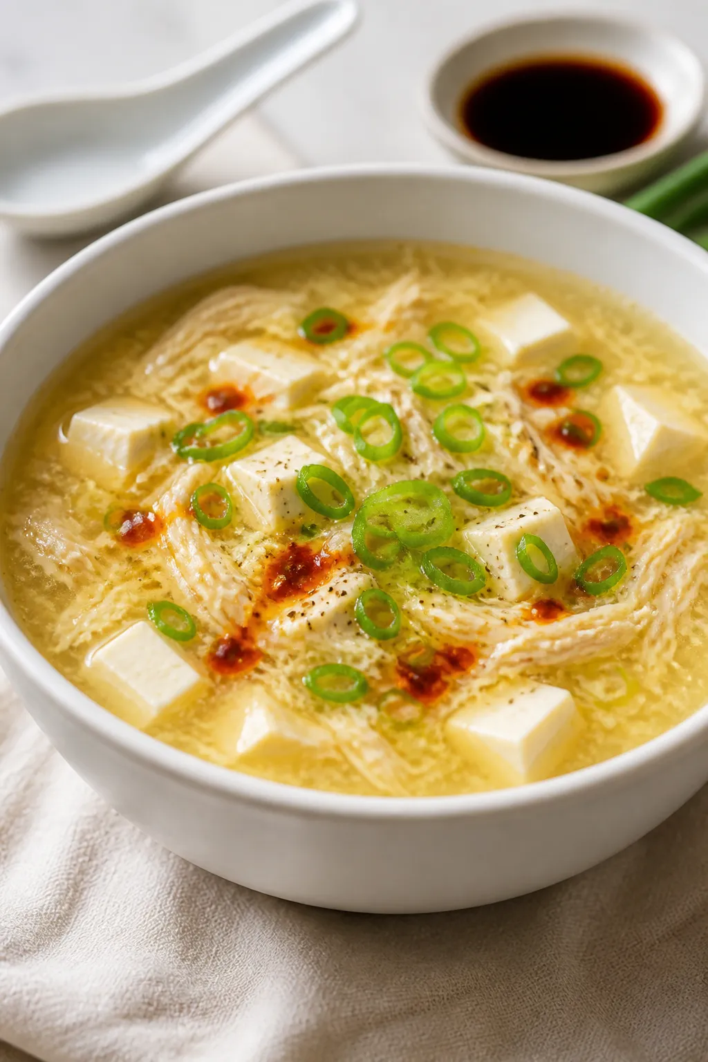 Final plated bowl beauty: High protein egg drop soup served in a matte white ceramic bowl, showcasin