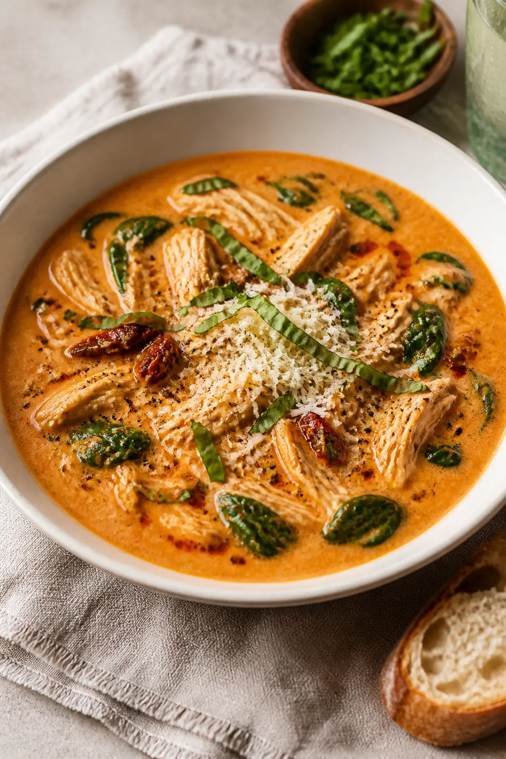 Final plated bowl, cozy restaurant-quality: Creamy High Protein Marry Me Chicken Soup served in a wi